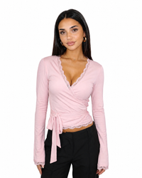 Damen Wickeltop mit langen Ärmeln, Spitzenbesatz und seitlichem Bindeband - Rosa