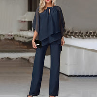 Mia | Damen Wide-Leg-Hose Zweiteiler Chiffon Lagenlook Hosenset - Marineblau