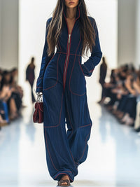 Amelie | Damen Wide-Leg Langarm-Jumpsuit mit Reißverschluss Kontrastnähten - Dunkelblau