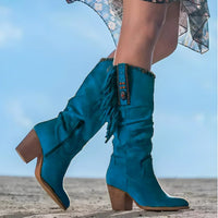 Frieda | Damen Wildleder Fransen Knee High Boots Western Cowboy Stiefel - Blau