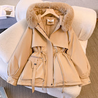 Damen Winterjacke mit Kunstfell-Kapuze und Kordelzug - Beige