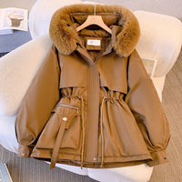 Damen Winterjacke mit Kunstfell-Kapuze und Kordelzug - Braun