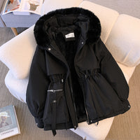 Damen Winterjacke mit Kunstfell-Kapuze und Kordelzug - Schwarz