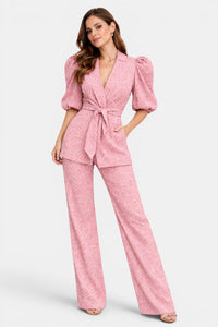 Damen-Zweiteiler mit Muster und Puffärmeln - Rosa