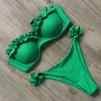 Damen Zweiteiliger Bikini mit Trägerlosem Oberteil Volants und Bindung am Rücken - Grün