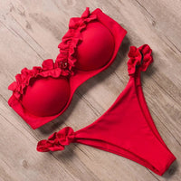Damen Zweiteiliger Bikini mit Trägerlosem Oberteil Volants und Bindung am Rücken - Rot