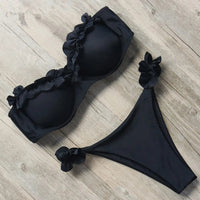 Damen Zweiteiliger Bikini mit Trägerlosem Oberteil Volants und Bindung am Rücken - Schwarz