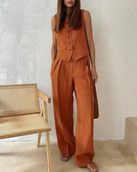 Damen zweiteiliges Set mit ärmellosem Oberteil V-Ausschnitt Knopfleiste und weiter Hose - Orange