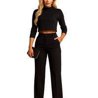 Damen Zweiteiliges Set mit Kurzem Langarm-Oberteil und Gerade Geschnittener Hose - Schwarz