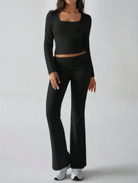 Damen Zweiteiliges Set mit Langarm-Crop-Top quadratischem Ausschnitt hohem Bund und Schlaghose - Schwarz