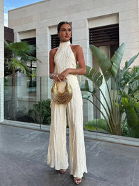 Damen Zweiteiliges Set mit Neckholder-Oberteil und weiter Hose mit Plissee-Oberfläche - Beige