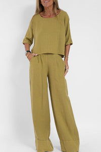 Damen Zweiteiliges Set mit Rundhals-Oberteil Halblangen Ärmeln und Weiter Hose mit Hohem Bund - Khaki