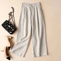 Damenhose mit hohem Bund, weitem Bein, Frontfalten und Seitentaschen - Beige