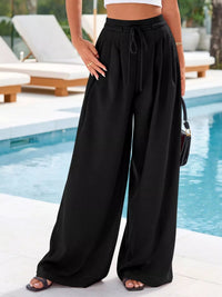 Damenhose mit hoher Taille, weitem Bein und Falten - Schwarz