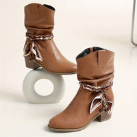 Idunn | Damen Stiefelette in Raffoptik mit Wickeldetail im Westernstil - Hellbraun