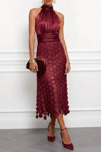 Céline | Damen Halter Midi Kleid - Weinrot