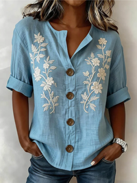 Saleena – Elegantes Oberteil Mit Blumen Stickerei - Blau