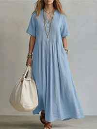 Saida | Damen Maxikleid V-Ausschnitt Kurzarm Fließender Schnitt – V-Neck Flow Maxi - Blue