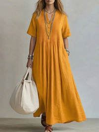 Saida | Damen Maxikleid V-Ausschnitt Kurzarm Fließender Schnitt – V-Neck Flow Maxi - Yellow