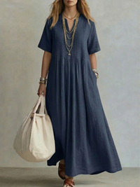 Saida | Damen Maxikleid V-Ausschnitt Kurzarm Fließender Schnitt – V-Neck Flow Maxi - Navy Blue