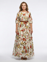 Odelia | Maxikleid mit Rundhalsausschnitt und drei Viertel Ärmeln, mit Gürtel - Floral