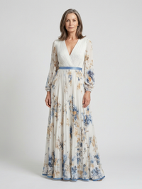 Lavinia | Langärmliges V-Ausschnitt Blumenkleid - Floral