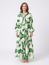 Sabine | Langärmliges Maxikleid mit Taillenknoten und Stufenrock - Floral