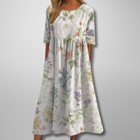 Dorothea | Midikleid mit Aquarell-Blumendruck - Weiß