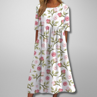 Dorothea | Midikleid mit Aquarell-Blumendruck - Weiß-Rosa