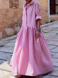 Lässiges langärmeliges Hemd aus Baumwolle, kariert, Swingkleid - Rosa
