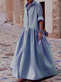 Lässiges langärmeliges Hemd aus Baumwolle, kariert, Swingkleid - Blau