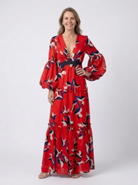 Isolde | V-Ausschnitt Bindegürtel Langarm Maxikleid - Rot