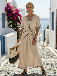 Linnea | Damen Midikleid Geraffter Taille V-Ausschnitt - Beige