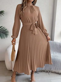 Sana | Damen Abend Plissierter Hochgeschlossener Midikleid - Khaki