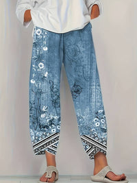 Thimasha - Caprihose Im Vintage Blumenmuster Mit Elastischem Bund - Blau