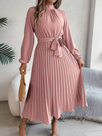 Damen Langarm Falten Kleid mit Gürtel - Rosa