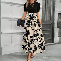 Aria | Damen Maxi-Kleid Puffärmel Blumendruck Bindegürtel - Blumig Beige-Schwarz