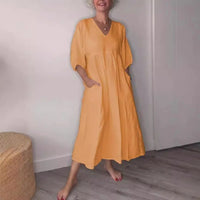 Eeva | Damen Midikleid V-Ausschnitt Taschen Lässig - Orange