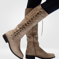 Cornelia | Damen Blockabsatz Kniehohe Stiefel - Beige