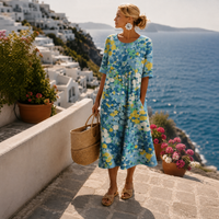 Elena | Luftiges Blumen Midikleid - Blau