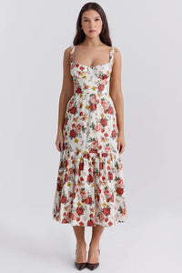 Elia | Damen Midikleid Zarte Farbe Feminin Elegant - Blumen rot