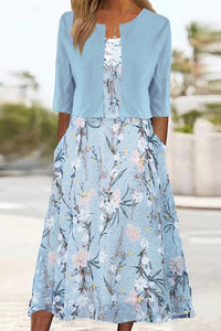 Elise | Zweiteiliges Blumen Midikleid - Hellblau