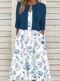 Elise | Zweiteiliges Blumen Midikleid - Dunkelblau