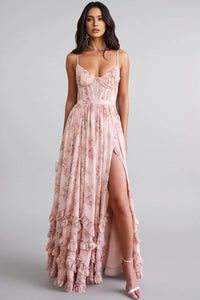 Ella | Damen Romantisches Beinschlitz Blumen Maxikleid - Rosa