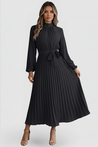 Emilia | Damen Plissee Midikleid Langarm - Schwarz