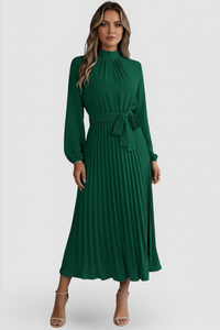 Emilia | Damen Plissee Midikleid Langarm - Grün