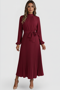 Emilia | Damen Plissee Midikleid Langarm - Rot