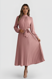 Emilia | Damen Plissee Midikleid Langarm - Rosa