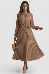 Emilia | Damen Plissee Midikleid Langarm - Khaki