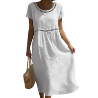 Emilia | Leinenlook-Midikleid mit Spitze - Weiß